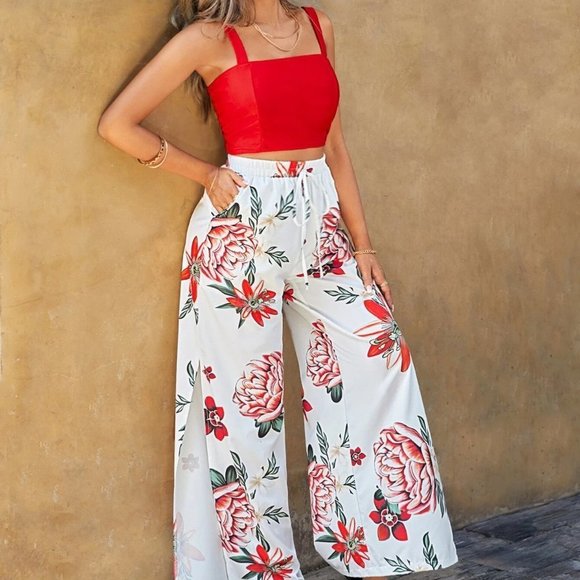 Boho Womens Solid Cami Top & Floral Print Split Thigh Pants set - Picture 3 of 5